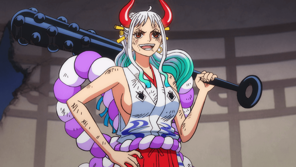 Official anime screenshot of Yamato, white cyan gradient hair, red horns, carrying kanabo club over shoulder, purple white shimenawa rope