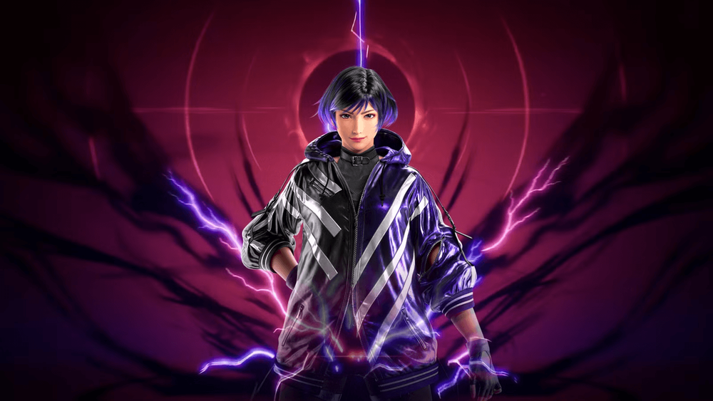 Official key art of Reina from Tekken 8, character reference poster of her iconic glossy purple-black two-tone hooded jacket, dark lightning effect background for cosplay styling reference