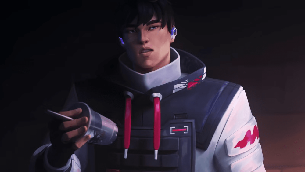 Original game CG close-up render of ISO, the core reference standard for vest armor embossing depth, red drawcord length, shoulder patch print layout and overall sci-fi tactical color palette of the full cos series