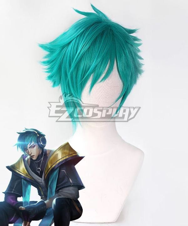 Heartsteel Aphelios cosplay wig, teal short styled wig from Ezcosplay