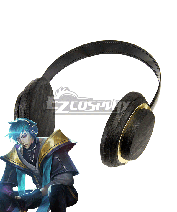 Heartsteel Aphelios cosplay headset prop from Ezcosplay, black headphone with gold trim, game costume accessory