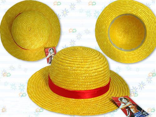 Multi‑angle product shot of straw hat for Luffy Onigashima cosplay, yellow straw hat with red fabric band, official style cos accessory