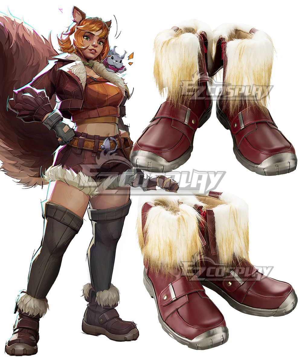 Ezcosplay Squirrel Girl cosplay boots with fluffy fur trim, metal toe cap detail, compare with official character art for reference