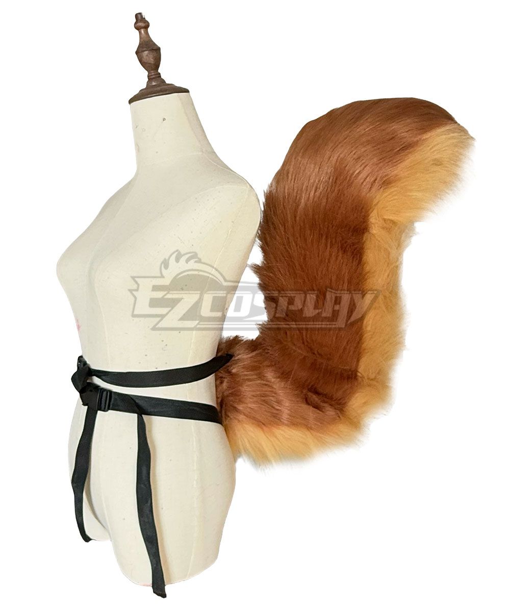 Extra large fluffy two‑tone squirrel tail cosplay accessory, adjustable black waist strap, displayed on dress form, soft plush fur texture
