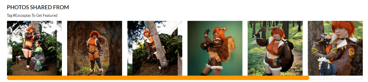Ezcosplay featured customer gallery collage, multiple cosplayers wear Squirrel Girl costume for outdoor forest shooting, with squirrel tail and prop accessories