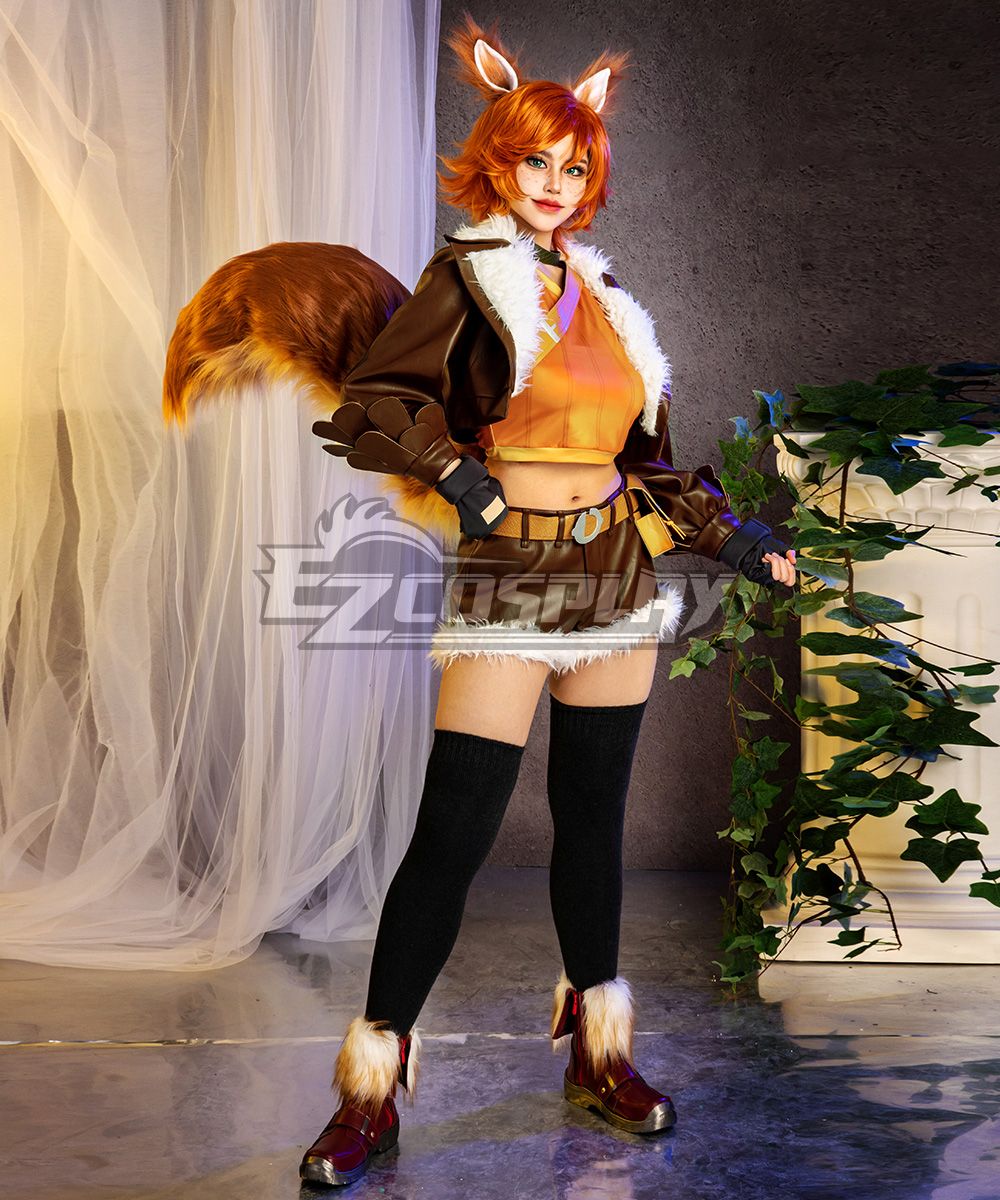 Side profile studio shot of model wearing full Squirrel Girl cosplay suit, shows tail volume, belt pouches and outfit layering structure