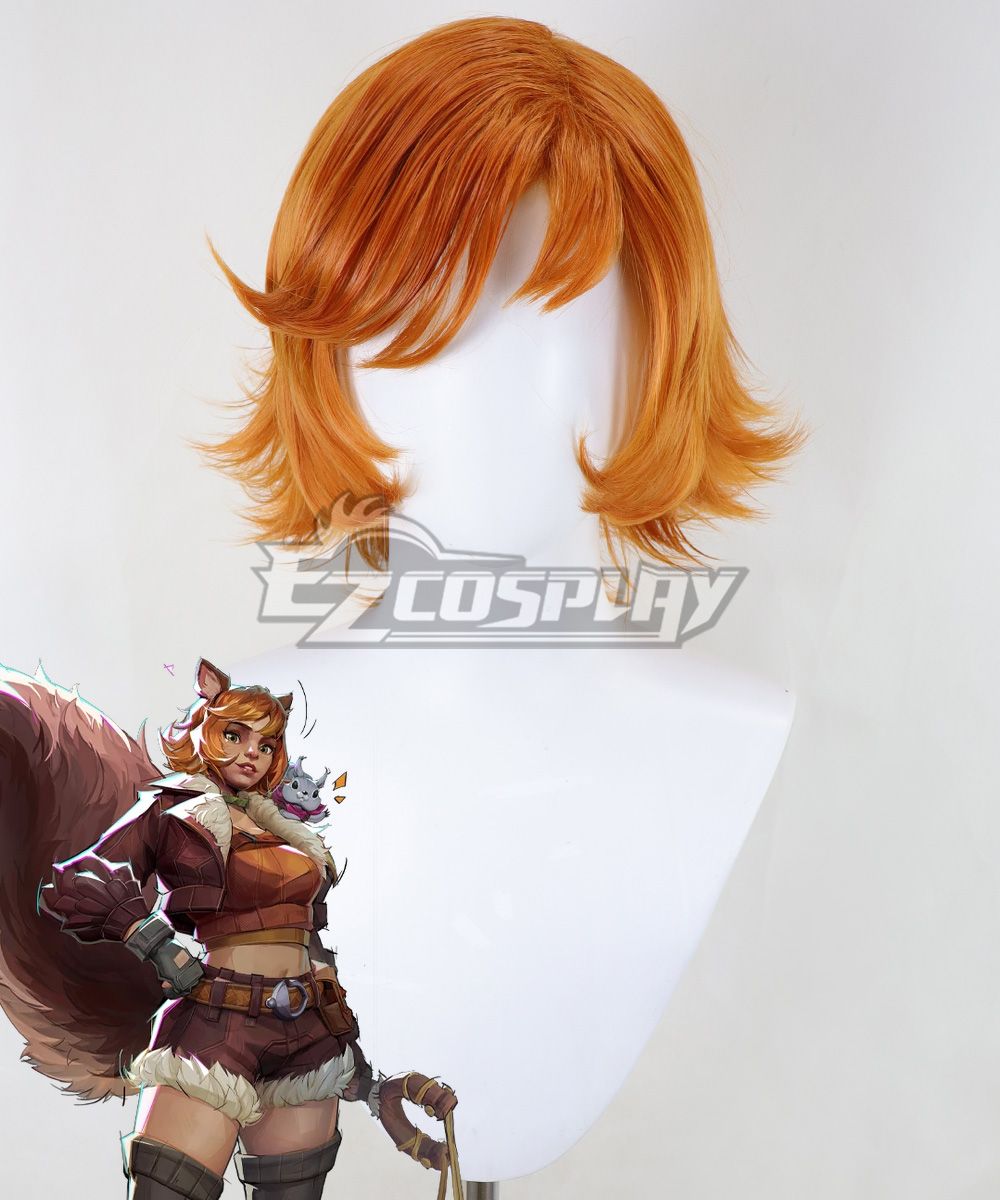 Bright orange short layered cosplay wig for Squirrel Girl, displayed on wig head, compare with official character art for styling reference