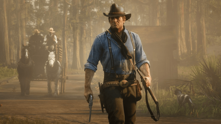 In-game screenshot of Arthur Morgan from Red Dead Redemption 2, showing his classic outfit in a scene