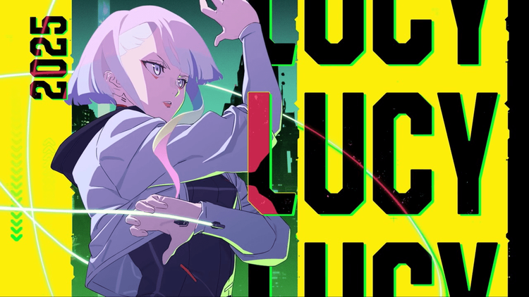 Official promotional anime screenshot of Lucy with striking yellow typography backdrop, serving as the primary visual benchmark for hairstyle, fabric silhouette and decoration placements