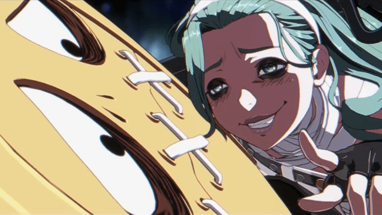 Official game screenshot of A.B.A from Guilty Gear, showing her iconic look with the key weapon