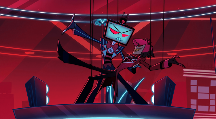 Official animation key frame screenshot featuring Vox and Alastor, serves as the core calibration standard for Vox’s coat color, vertical stripe proportion, lapel decoration, inner vest stripe design, TV mask facial pattern and overall cool blue color palette of the full cos set