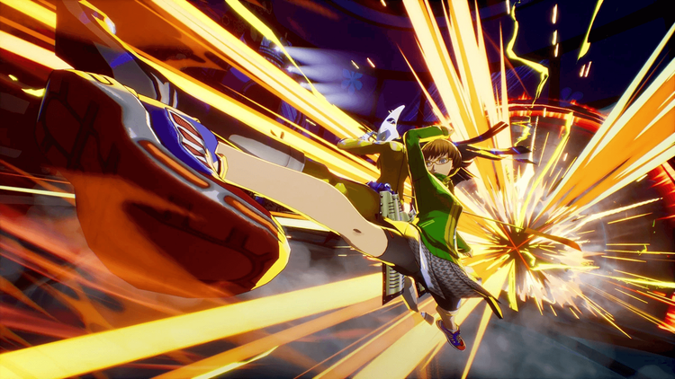 Official in-game battle animation screenshot of Chie Satonaka in green track jacket, core reference template for our cos costume