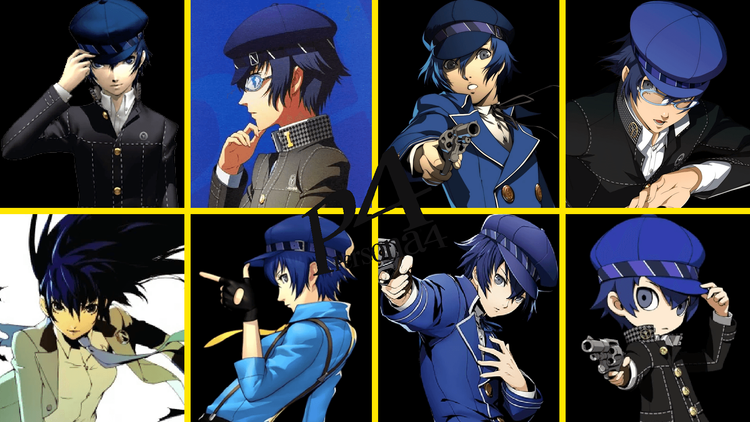 Collage of multiple official artworks of Naoto Shirogane, including normal portrait, glasses look, combat pose and chibi version, the core reference template for this cos costume