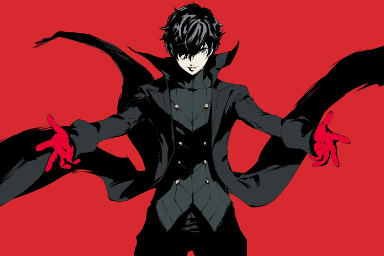 conic red-background key art of Joker serving as the primary reference for coat collar curvature, glove tone, coat silhouette and overall dark phantom thief styling