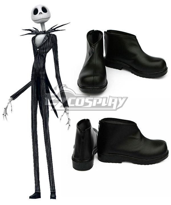 Two-angle display of Jack’s matching matte black ankle boots, official stop-motion character render placed on left for shoe silhouette comparison, hidden rear zipper for easy on-off