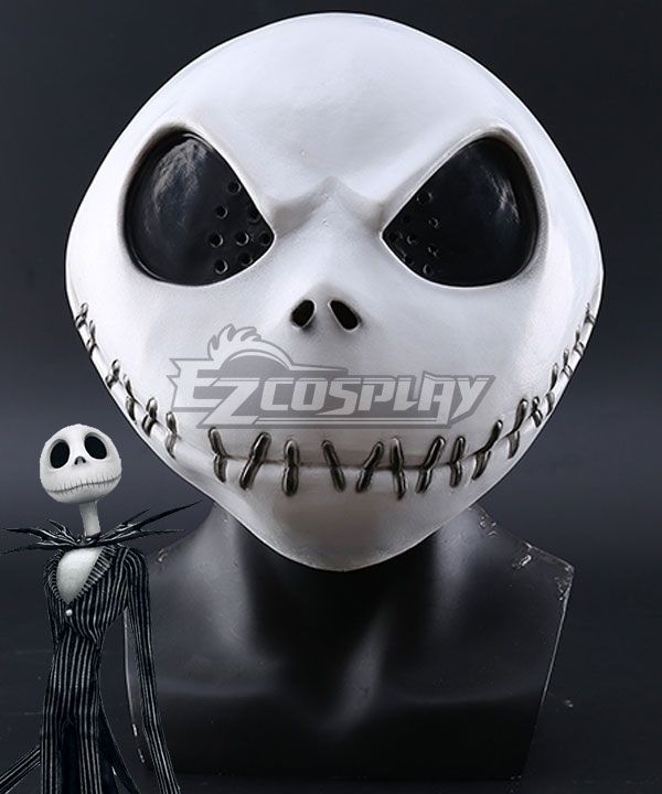 Close-up bust display of full latex Jack skull mask, precise stitched mouth line sculpt and hollow eye ventilation holes, small official character illustration in lower-left for feature reference