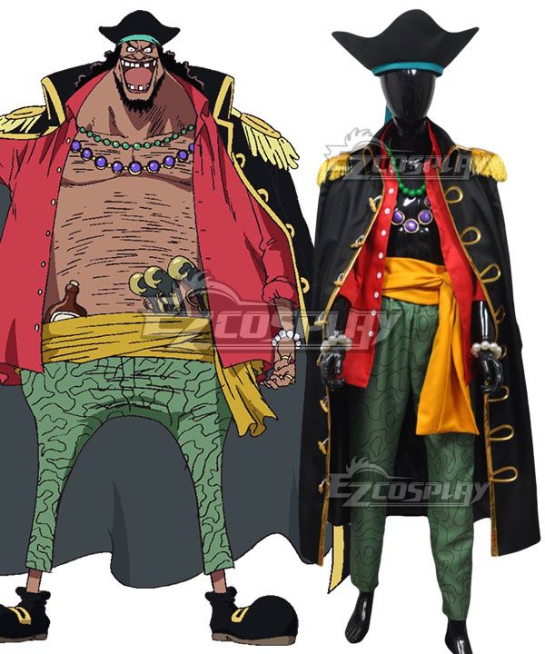 Side-by-side of official One Piece art and finished Marshall D. Teach cosplay outfit on mannequin