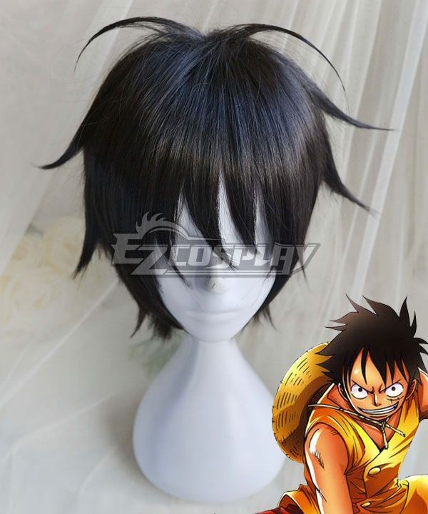 Short spiky black cosplay wig for Monkey Luffy Onigashima costume, displayed on white mannequin head