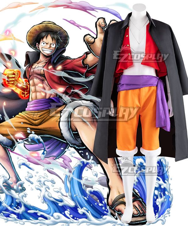 Complete Luffy Onigashima cos outfit on mannequin, black cape, red cropped top, orange shorts and purple waist sash