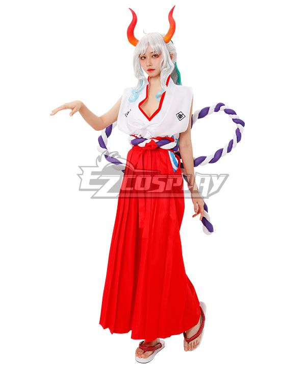 Full Yamato cosplay costume set front view on model, white sleeveless top, red hakama, huge purple‑white shimenawa rope, horns and wig