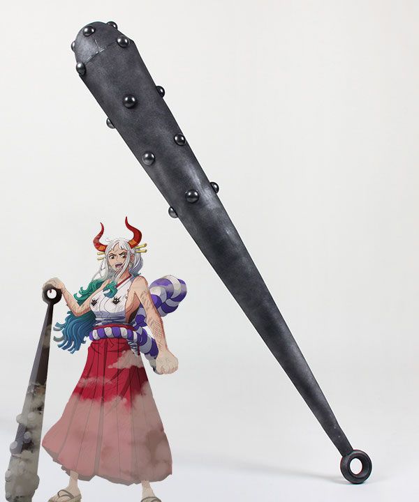 Realistic foam kanabo weapon prop for Yamato cosplay, dark studded baton with loop end, official character reference on image side