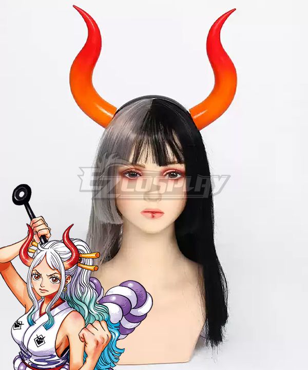 Gradient red-orange horns headband for Yamato cos, worn on mannequin head, character art inset on lower left