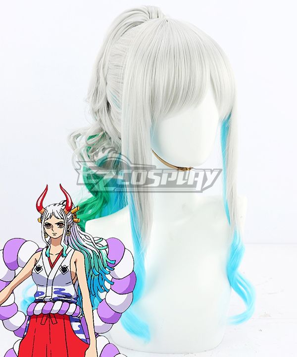 Silver to cyan blue gradient ponytail cos wig for Yamato, displayed on white mannequin head with character illustration