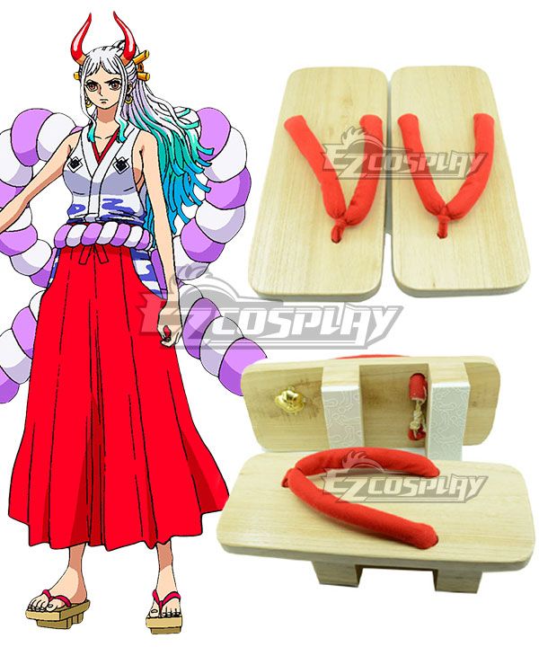 Traditional wooden geta sandals with red straps for Yamato cosplay, multiple angles display, character reference art