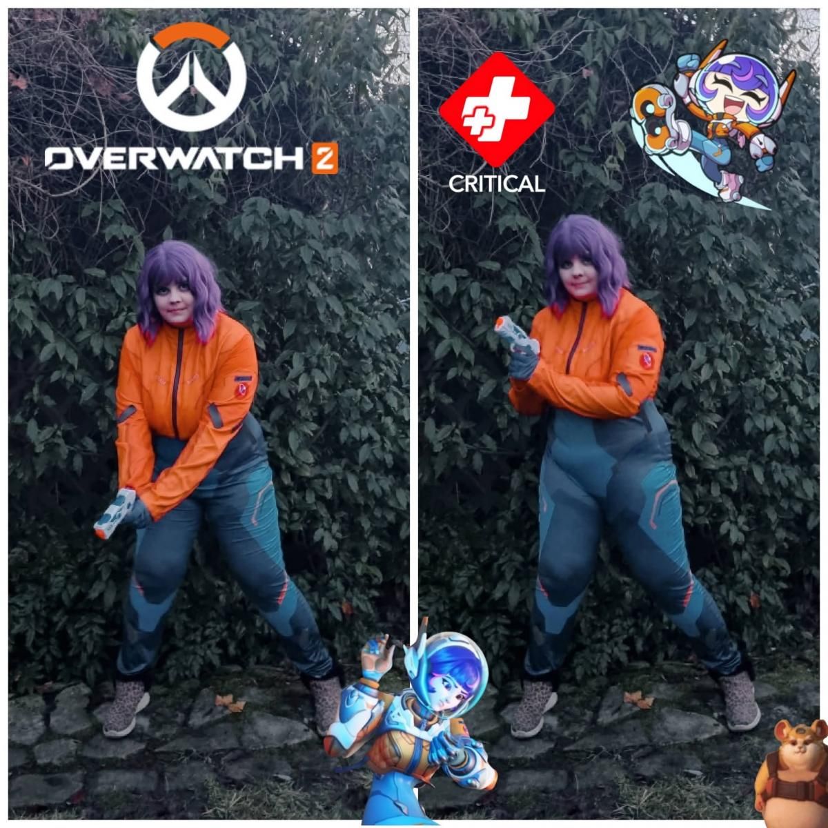 Split outdoor customer shots contributed by @Celina in leafy outdoor scenery, holding Juno's themed weapon prop in two different stances; Overwatch 2 official logo and in-game sticker decorations are added on the layout