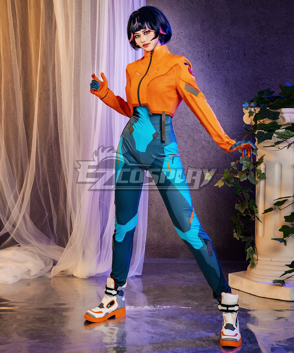 Front studio product photograph of EZcos model in complete Juno cos outfit, displaying cropped orange jacket, gradient segmented bodysuit, hand gloves and futuristic sneakers in full view