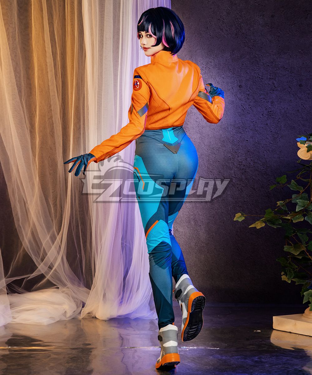 Rear-view studio shot of the model turning around, revealing rear jacket emblem, back contour stitching of the bodysuit and the detailed outsole design of the sneakers