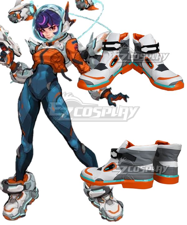 Two shooting angles of Juno's custom high-top sneakers, official character artwork placed alongside to verify white, grey, orange and cyan color segmentation of the footwear