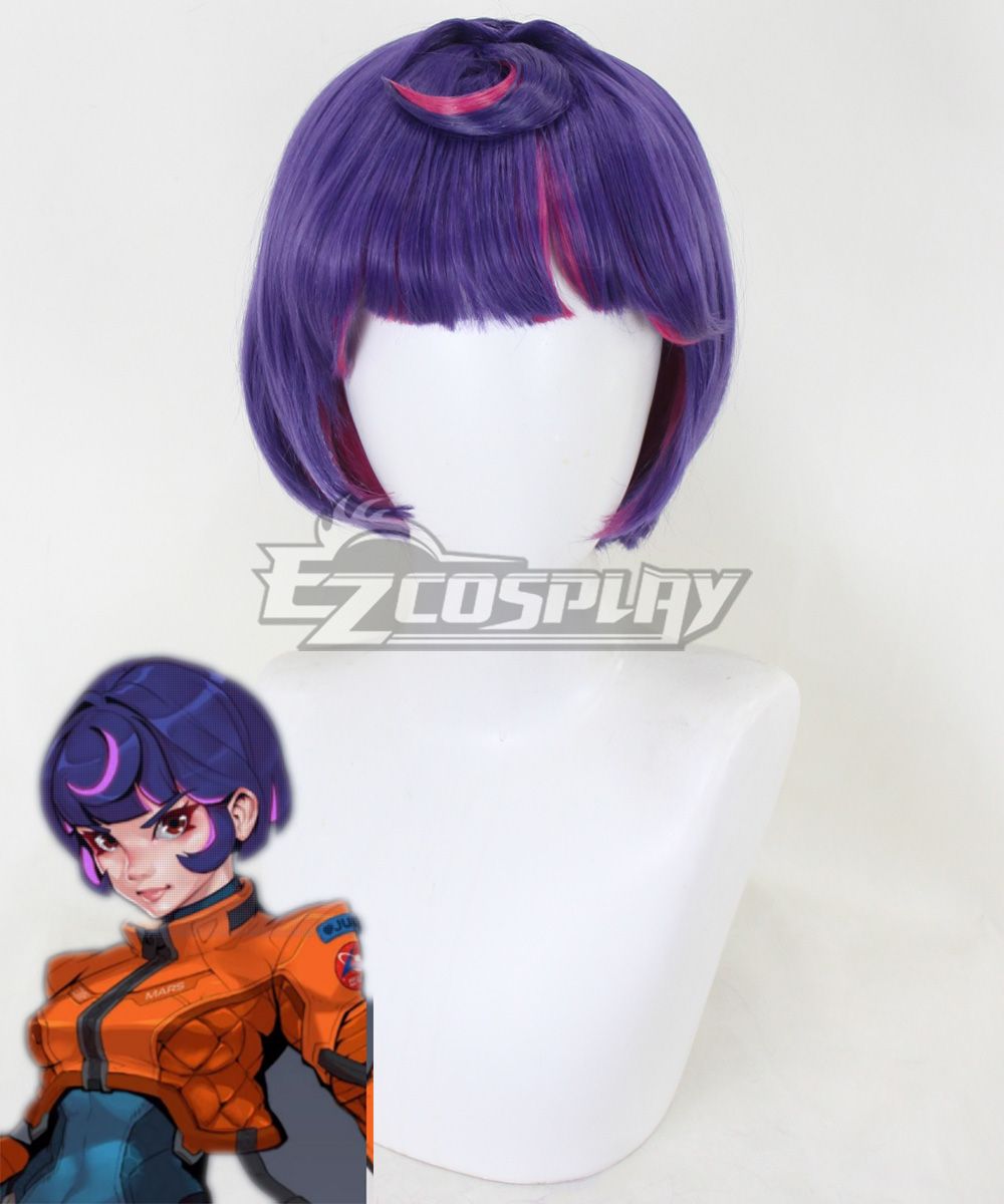 Mannequin-head display of Juno's signature bob wig with deep purple base and pink magenta highlights at bangs, official close-up artwork is attached as hairstyle reference