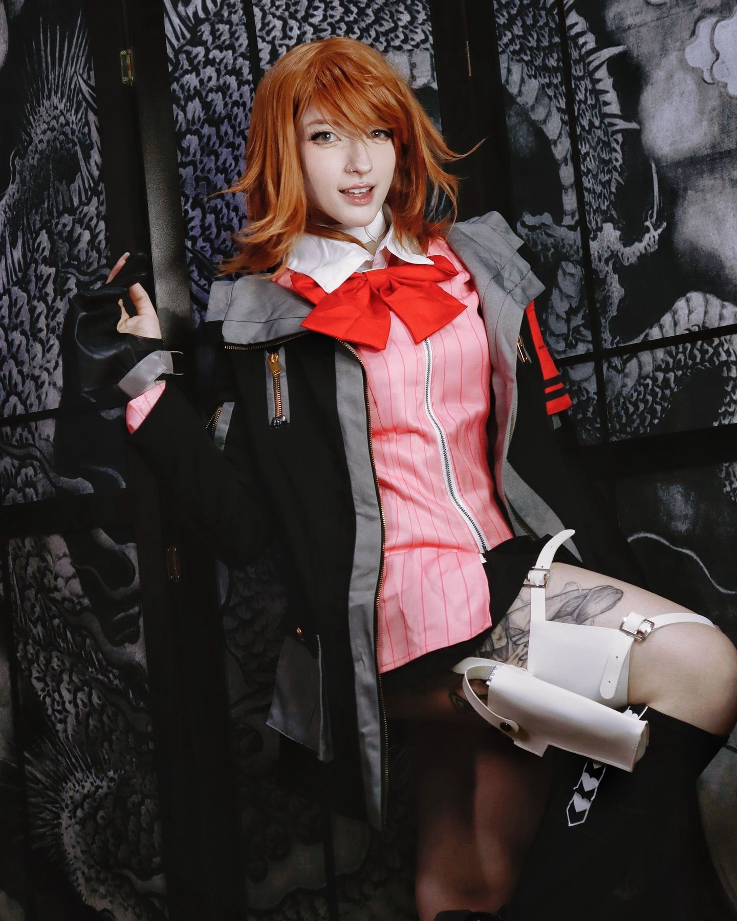 Full-body indoor cos shot by akemy.sama in complete Yukari Takeba battle outfit, jacket unzipped