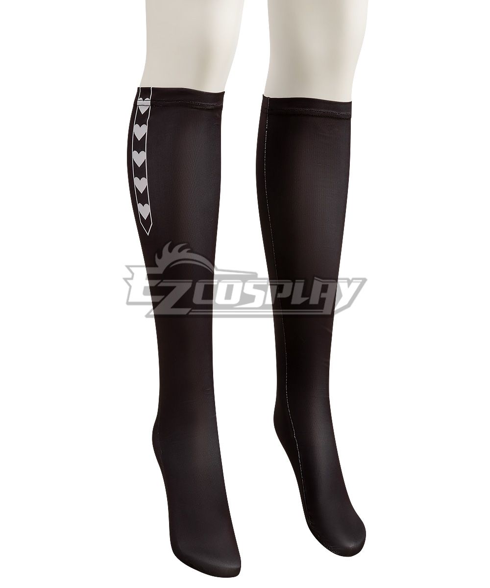 Product close-up of black thigh high socks with vertical white heart print for Yukari Takeba cosplay
