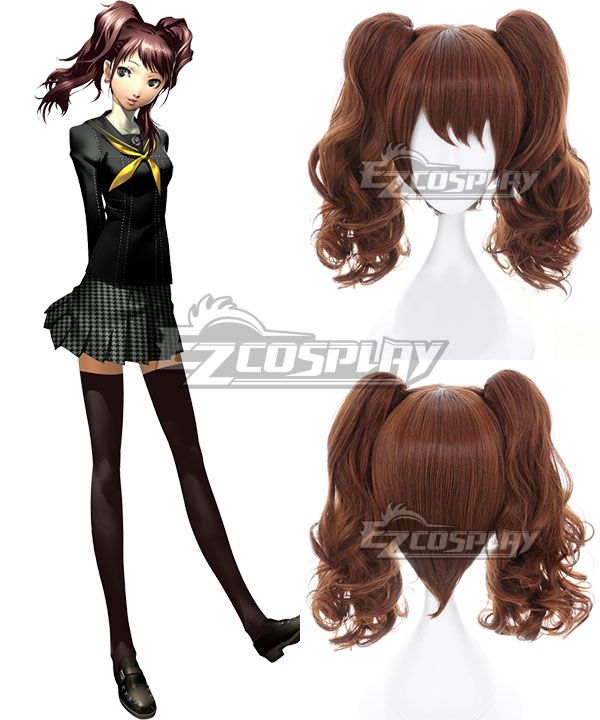 Front & back view of pre-styled curly twin ponytail brown cos wig for Rise Kujikawa, matched with official character art