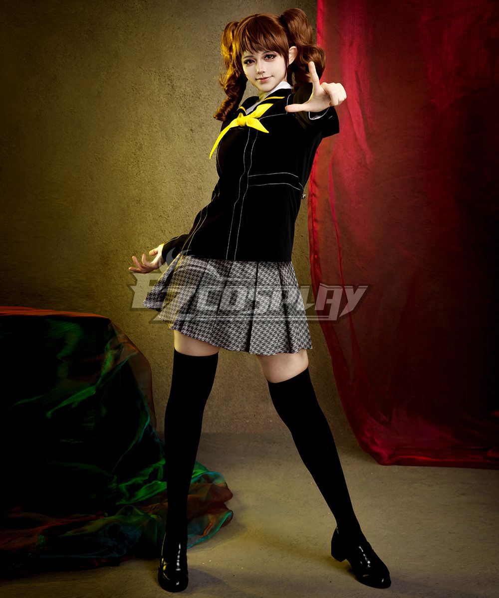 Full-body studio shot of model in complete Rise Kujikawa winter sailor uniform cos with twin curly brown wig