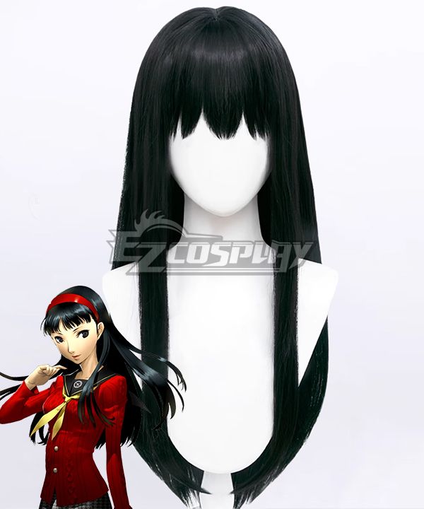 Pre-styled sleek long straight black cos wig with thick blunt bangs customized for Yukiko Amagi, official art attached