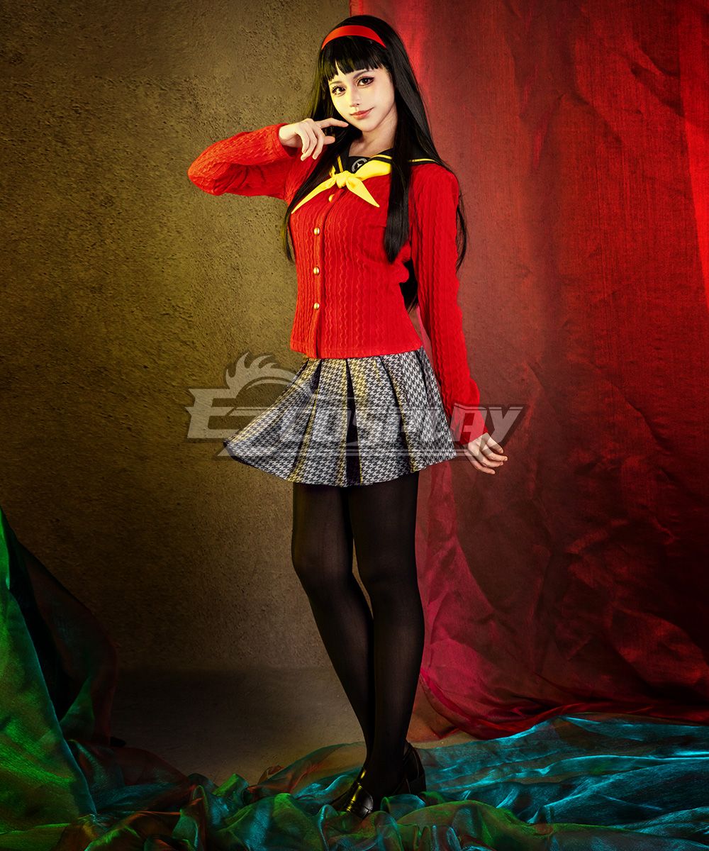 Full-body studio model shot of complete Yukiko Amagi Yasogami uniform cos with red headband and long black wig
