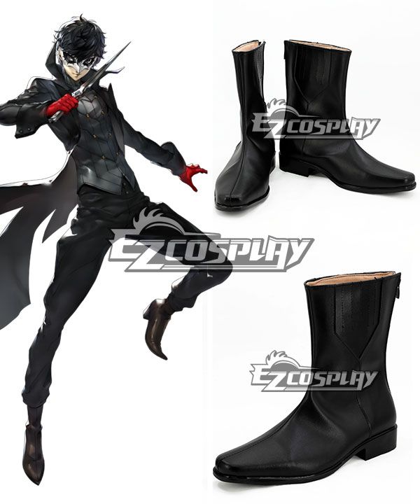 Two display angles of matte black mid-calf cos boots for Joker, official character artwork placed on the left for shape comparison, with soft beige inner lining and concealed side zippers for convenient wearing