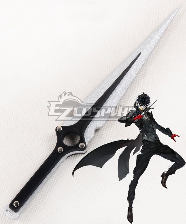 Safety-friendly replica dagger prop with matte black handle, metallic rivet detailing and frosted silver blade, paired with in-game Joker artwork to verify the accurate weapon proportions