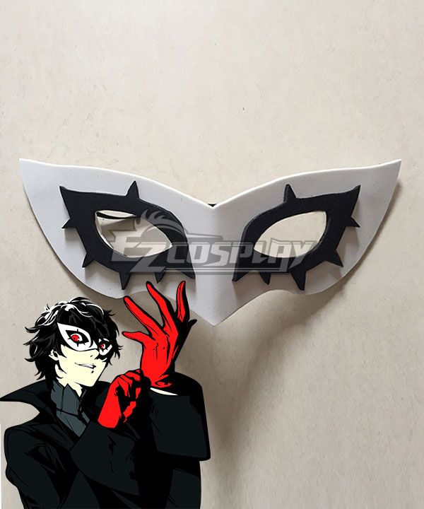Close-up product shot of Joker's iconic eye mask with outer white rim and jagged black inner cutouts, the attached official illustration showcases how the mask fits on the character's face
