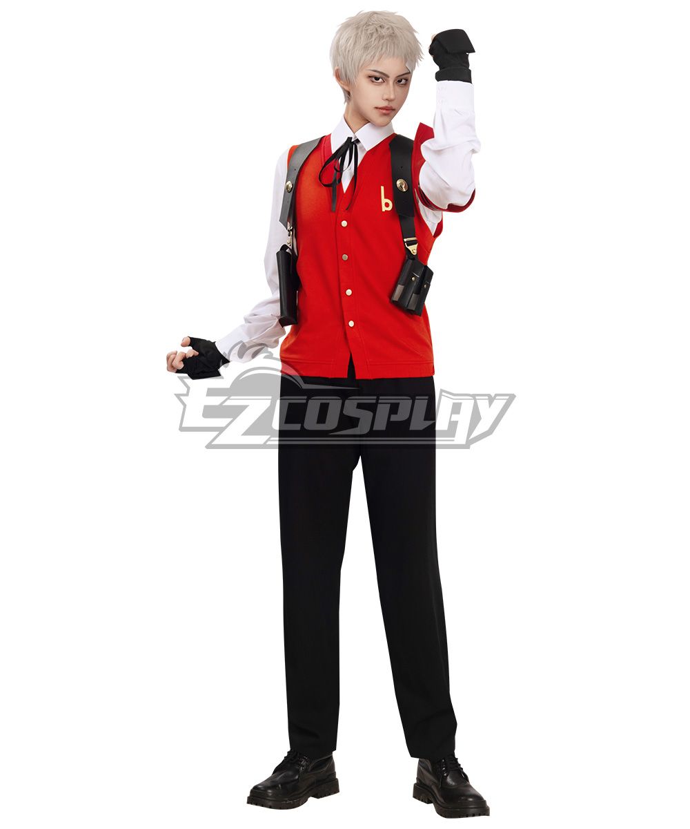 Static front full-body model display of Akihiko Sanada battle cosplay with all matching accessories