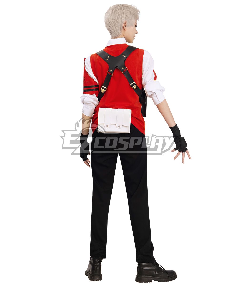 Rear view of model wearing Akihiko Sanada cos, showing cross tactical harness and back waist pouch