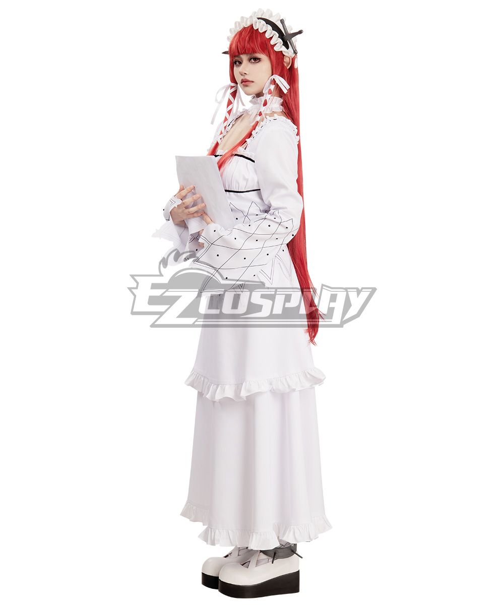 Side profile model photo in Chidori Yoshino long white cos dress with red wig