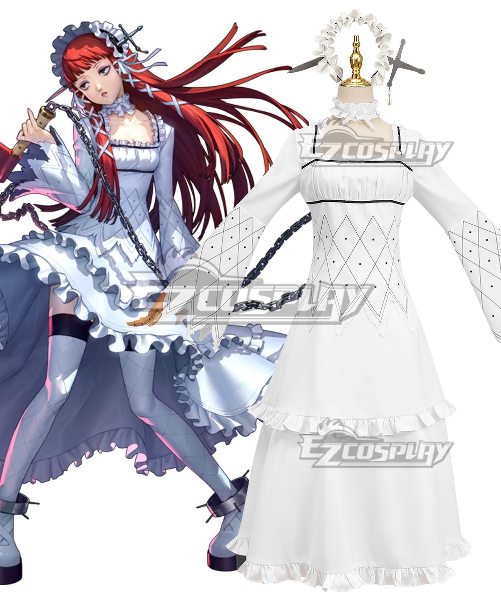 Side-by-side official P3R Chidori Yoshino art and finished cos dress on mannequin