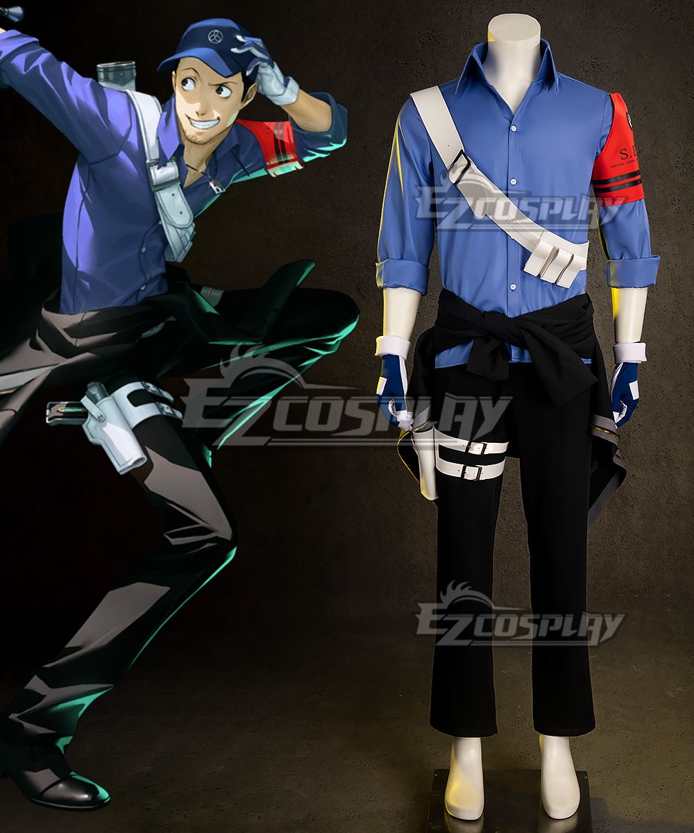 Full front static display of complete Junpei Iori battle cosplay set on white mannequin
