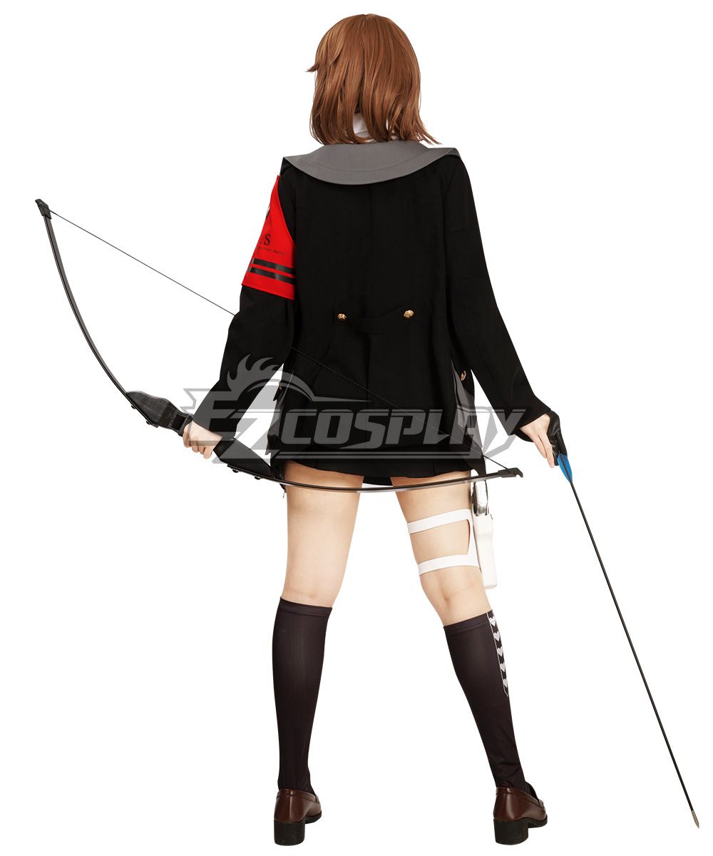 Rear view model shot of Yukari Takeba cos, showing back jacket cut, S.E.E.S armband and full bow prop