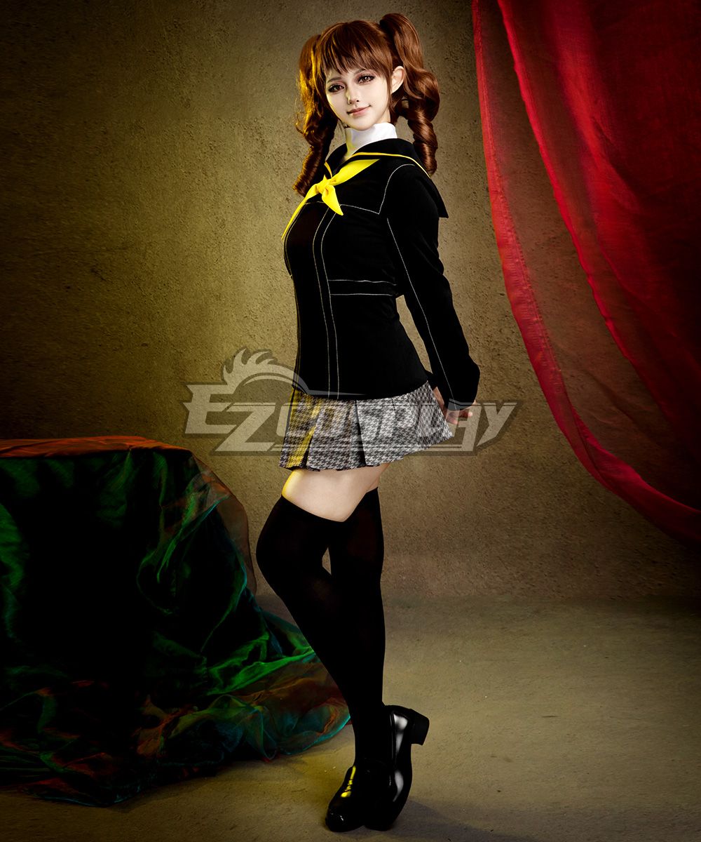 Side profile full-body studio photo of Rise Kujikawa winter cosplay, twin curly wig and full uniform matched