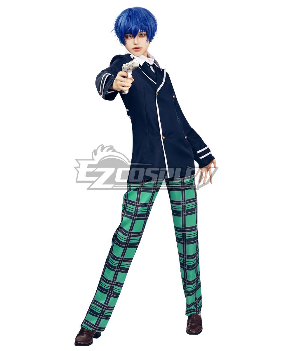 Full-body studio model shot of complete Naoto Shirogane detective cos, with short blue wig and evoker revolver prop